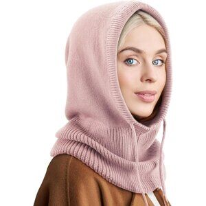 Women's Scarf Hat Balaclava Beanie Skull Cap with Drawstring Warm Hat Pink 2